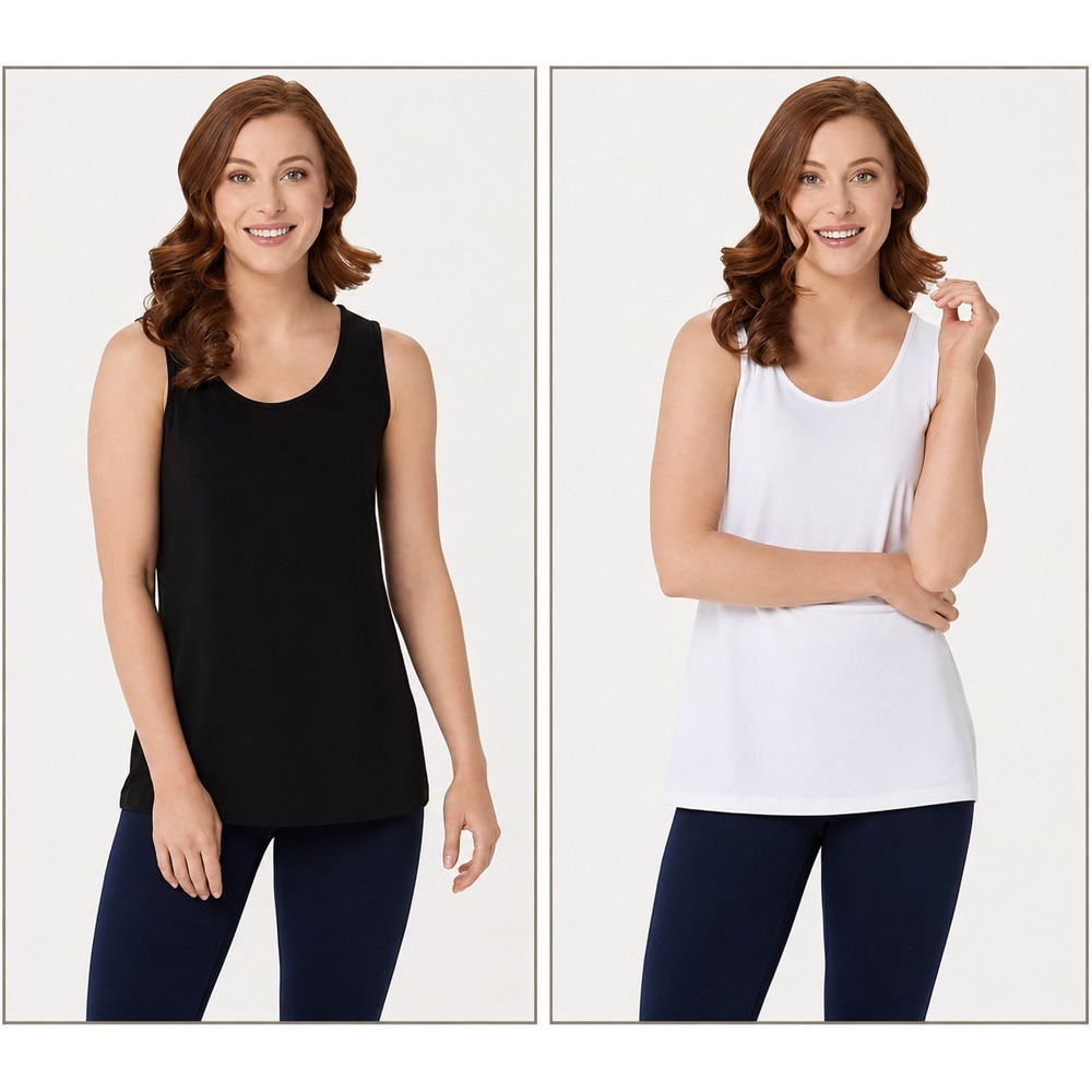 Susan Graver Modern Essentials S/2 Liquid Knit Tanks Black/White,Size 2X